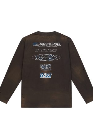 Vintage Street Heavy Wash Printed Loose Long Sleeve T-Shirt for a Retro 90s Look