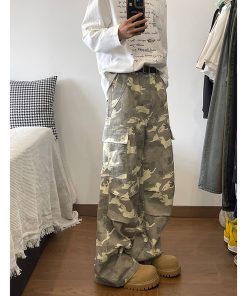 Vintage Street Style Distressed Multi-Pocket Camouflage Cargo Pants for Men - Cleanfit Casual 90s Inspired Fashion