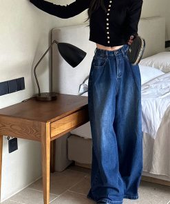 Vintage-Style High-Waisted Women's Jeans, Luxury Slimming Straight-Leg Loose Wide-Leg Pants, Trendy Y2K Fashion, Floor-Length Design.