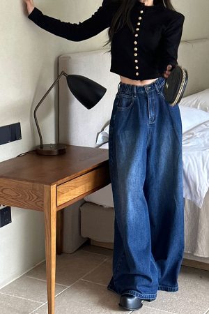 Vintage-Style High-Waisted Women's Jeans, Luxury Slimming Straight-Leg Loose Wide-Leg Pants, Trendy Y2K Fashion, Floor-Length Design.