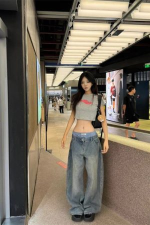 Vintage-Style Pumpkin Water-Washed Patchwork Low-Waist Wide-Leg Denim Pants for Casual Slimming Floor-Length Look