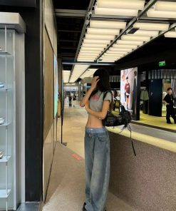 Vintage-Style Pumpkin Water-Washed Patchwork Low-Waist Wide-Leg Denim Pants for Casual Slimming Floor-Length Look