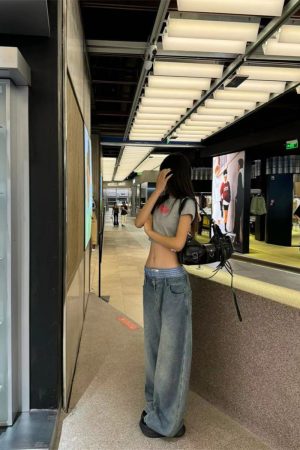 Vintage-Style Pumpkin Water-Washed Patchwork Low-Waist Wide-Leg Denim Pants for Casual Slimming Floor-Length Look