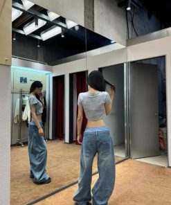 Vintage-Style Pumpkin Water-Washed Patchwork Low-Waist Wide-Leg Denim Pants for Casual Slimming Floor-Length Look