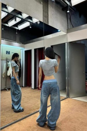Vintage-Style Pumpkin Water-Washed Patchwork Low-Waist Wide-Leg Denim Pants for Casual Slimming Floor-Length Look
