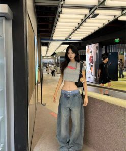 Vintage-Style Pumpkin Water-Washed Patchwork Low-Waist Wide-Leg Denim Pants for Casual Slimming Floor-Length Look