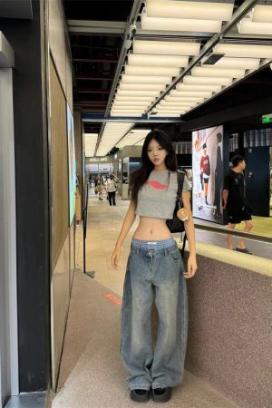 Vintage-Style Pumpkin Water-Washed Patchwork Low-Waist Wide-Leg Denim Pants for Casual Slimming Floor-Length Look