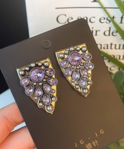 Vintage-Style Red and Black Geometric Full-Diamond Drop Earrings with 925 Silver Pins, Retro Hong Kong-Inspired Fashion Jewelry