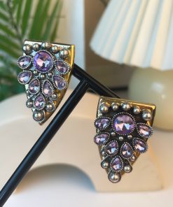 Vintage-Style Red and Black Geometric Full-Diamond Drop Earrings with 925 Silver Pins, Retro Hong Kong-Inspired Fashion Jewelry