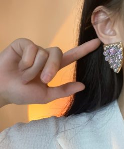 Vintage-Style Red and Black Geometric Full-Diamond Drop Earrings with 925 Silver Pins, Retro Hong Kong-Inspired Fashion Jewelry