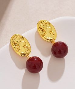 Vintage Style Wine Red Ball Drop Earrings - Unique Design for Autumn Winter 2025 High-End Fashion Accessory