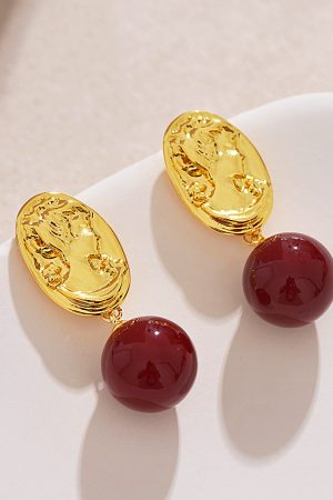 Vintage Style Wine Red Ball Drop Earrings - Unique Design for Autumn Winter 2025 High-End Fashion Accessory