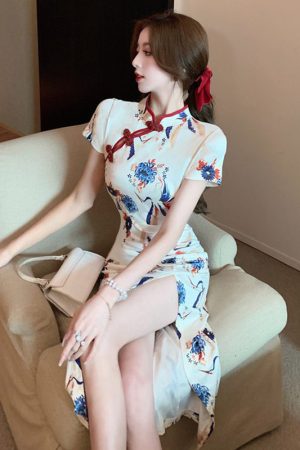 Vintage Summer Qipao Dress for Young Women, Crane Print, Sexy Side Slit, Mid-Length, Elegant 90s Inspired Design
