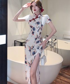 Vintage Summer Qipao Dress for Young Women, Crane Print, Sexy Side Slit, Mid-Length, Elegant 90s Inspired Design