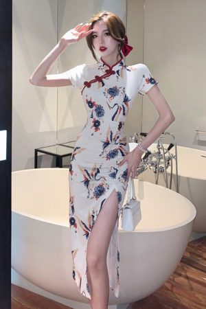 Vintage Summer Qipao Dress for Young Women, Crane Print, Sexy Side Slit, Mid-Length, Elegant 90s Inspired Design