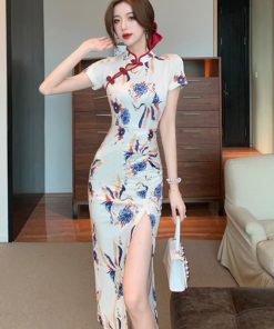 Vintage Summer Qipao Dress for Young Women, Crane Print, Sexy Side Slit, Mid-Length, Elegant 90s Inspired Design