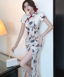 Vintage Summer Qipao Dress for Young Women, Crane Print, Sexy Side Slit, Mid-Length, Elegant 90s Inspired Design