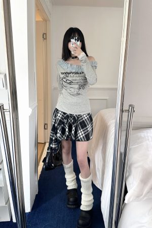 Vintage Sweet Lace Trim Asymmetrical Shoulder T-shirt with Sassy Letter Print for Spring Summer, Y2K Style