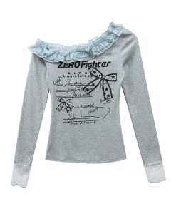 Vintage Sweet Lace Trim Asymmetrical Shoulder T-shirt with Sassy Letter Print for Spring Summer, Y2K Style