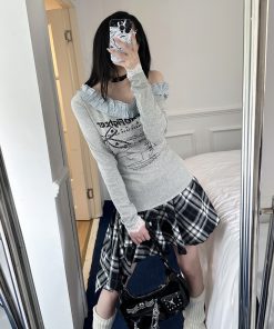 Vintage Sweet Lace Trim Asymmetrical Shoulder T-shirt with Sassy Letter Print for Spring Summer, Y2K Style