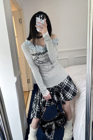 Vintage Sweet Lace Trim Asymmetrical Shoulder T-shirt with Sassy Letter Print for Spring Summer, Y2K Style