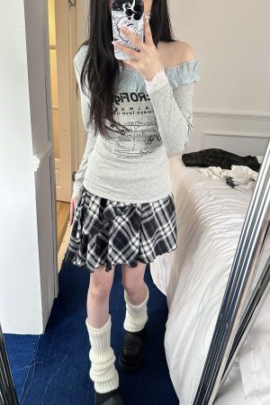 Vintage Sweet Lace Trim Asymmetrical Shoulder T-shirt with Sassy Letter Print for Spring Summer, Y2K Style