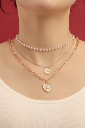 Vintage Three-Layer Heart-Shaped Pendant Necklace with Faux Pearl Chain Tassel - European and American Style Jewelry