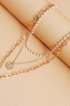 Vintage Three-Layer Heart-Shaped Pendant Necklace with Faux Pearl Chain Tassel - European and American Style Jewelry