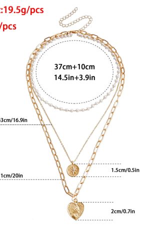 Vintage Three-Layer Heart-Shaped Pendant Necklace with Faux Pearl Chain Tassel - European and American Style Jewelry