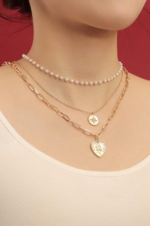 Vintage Three-Layer Heart-Shaped Pendant Necklace with Faux Pearl Chain Tassel - European and American Style Jewelry