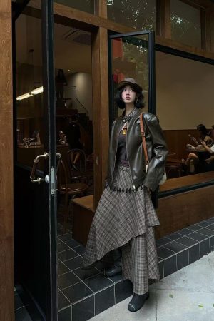 Vintage Two-Piece Set for Women: Distressed PU Leather Jacket & Irregular Skirt, Perfect for Fall Fashion and 90s Style