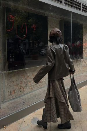Vintage Two-Piece Set for Women: Distressed PU Leather Jacket & Irregular Skirt, Perfect for Fall Fashion and 90s Style