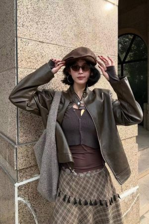 Vintage Two-Piece Set for Women: Distressed PU Leather Jacket & Irregular Skirt, Perfect for Fall Fashion and 90s Style