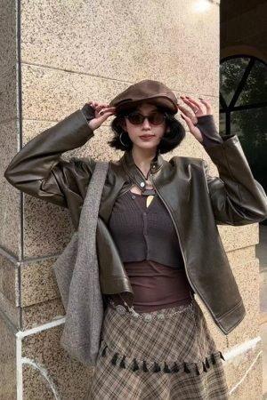 Vintage Two-Piece Set for Women: Distressed PU Leather Jacket & Irregular Skirt, Perfect for Fall Fashion and 90s Style