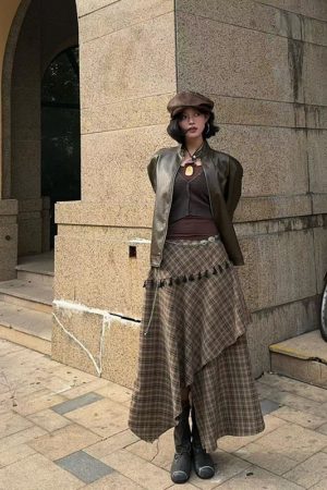 Vintage Two-Piece Set for Women: Distressed PU Leather Jacket & Irregular Skirt, Perfect for Fall Fashion and 90s Style