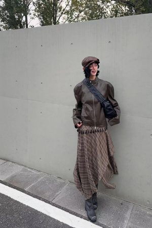 Vintage Two-Piece Set for Women: Distressed PU Leather Jacket & Irregular Skirt, Perfect for Fall Fashion and 90s Style