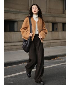 Vintage Two-Tone Curved High-Waisted Slimming Woolen Pants - Retro Chic for Y2K and 90s Style Lovers
