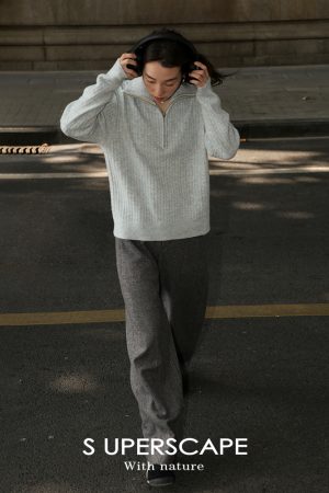 Vintage Two-Tone Curved High-Waisted Slimming Woolen Pants - Retro Chic for Y2K and 90s Style Lovers