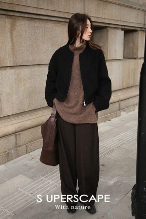 Vintage Two-Tone Curved High-Waisted Slimming Woolen Pants - Retro Chic for Y2K and 90s Style Lovers