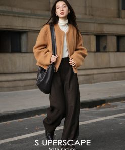 Vintage Two-Tone Curved High-Waisted Slimming Woolen Pants - Retro Chic for Y2K and 90s Style Lovers
