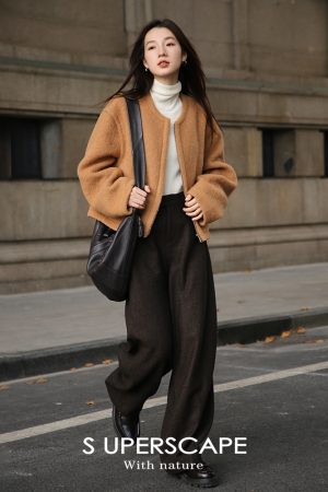 Vintage Two-Tone Curved High-Waisted Slimming Woolen Pants - Retro Chic for Y2K and 90s Style Lovers