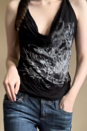 Vintage Vine Print Loose Neckline Vest - Casual Retro Dark Style Top with Multiple Wearing Options, Y2K-Inspired Fashion Statement