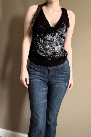 Vintage Vine Print Loose Neckline Vest - Casual Retro Dark Style Top with Multiple Wearing Options, Y2K-Inspired Fashion Statement