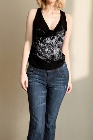 Vintage Vine Print Loose Neckline Vest - Casual Retro Dark Style Top with Multiple Wearing Options, Y2K-Inspired Fashion Statement