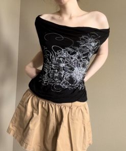 Vintage Vine Print Loose Neckline Vest - Casual Retro Dark Style Top with Multiple Wearing Options, Y2K-Inspired Fashion Statement