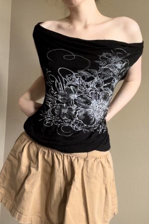 Vintage Vine Print Loose Neckline Vest - Casual Retro Dark Style Top with Multiple Wearing Options, Y2K-Inspired Fashion Statement