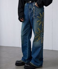 Vintage Wash Blue Star Denim Long Pants - Roaring Beast Design, Retro Style, Perfect for 90s and Y2K Fashion Enthusiasts