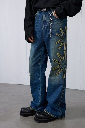 Vintage Wash Blue Star Denim Long Pants - Roaring Beast Design, Retro Style, Perfect for 90s and Y2K Fashion Enthusiasts