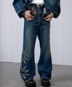 Vintage Wash Blue Star Denim Long Pants - Roaring Beast Design, Retro Style, Perfect for 90s and Y2K Fashion Enthusiasts
