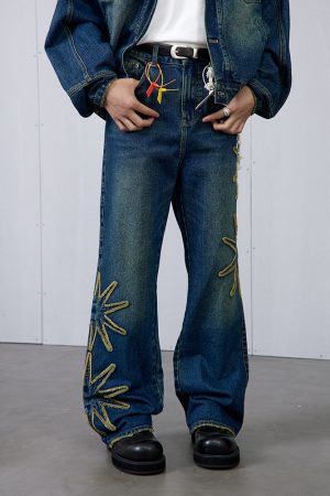 Vintage Wash Blue Star Denim Long Pants - Roaring Beast Design, Retro Style, Perfect for 90s and Y2K Fashion Enthusiasts